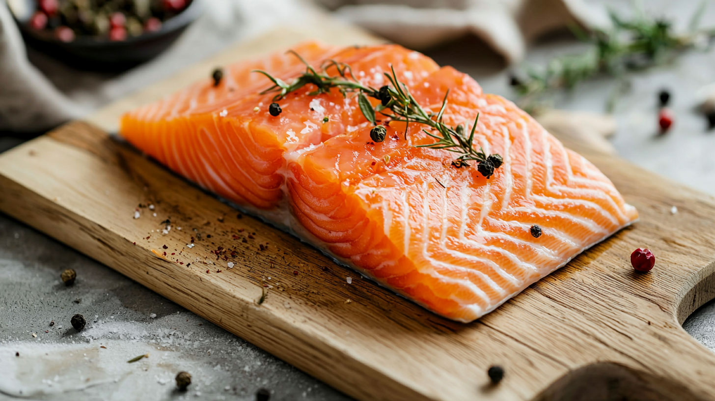 En fin laxbit på en skärbräda