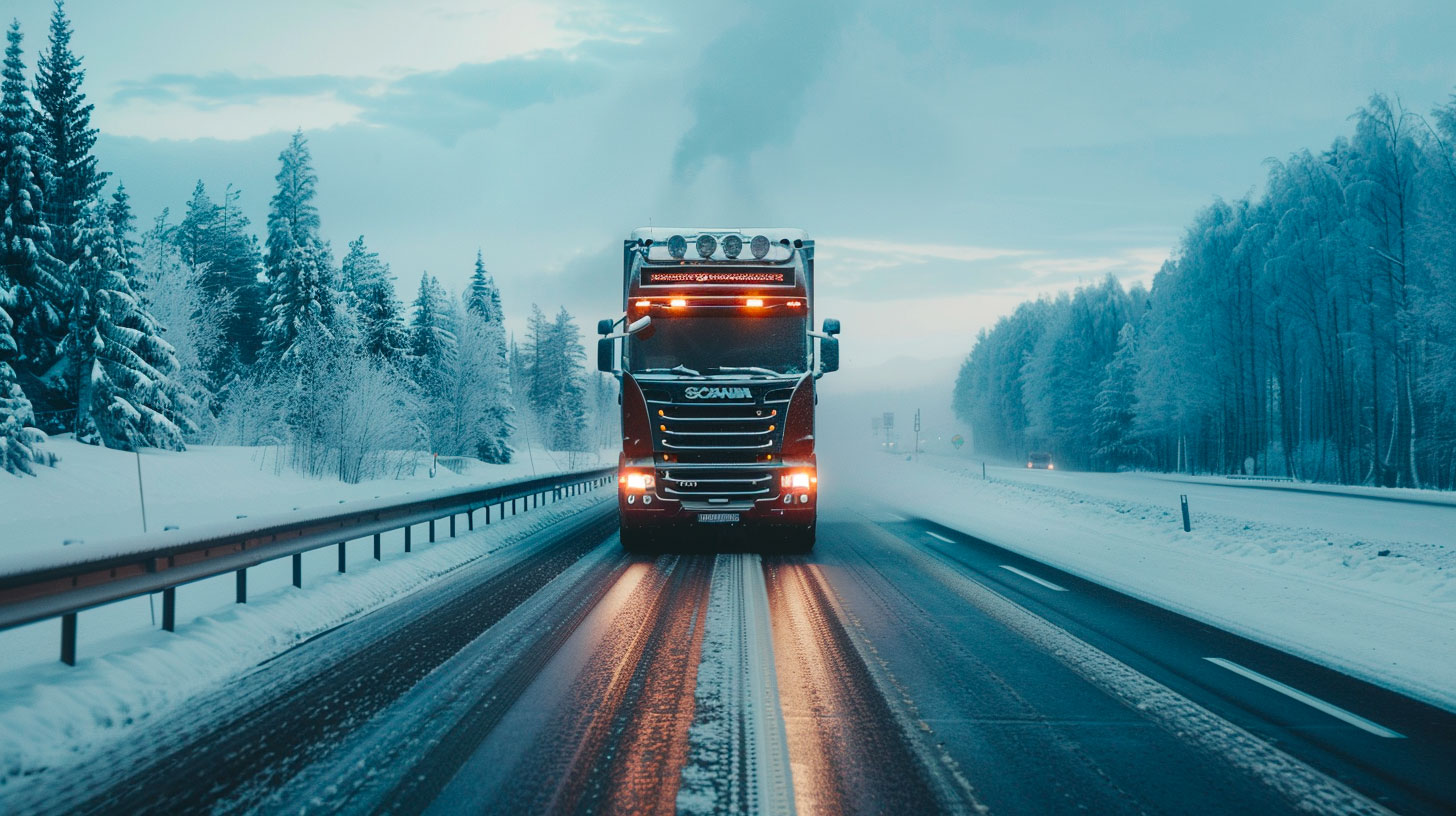 En lastbil med kylaggregat kör på vinter vägar i Sverige