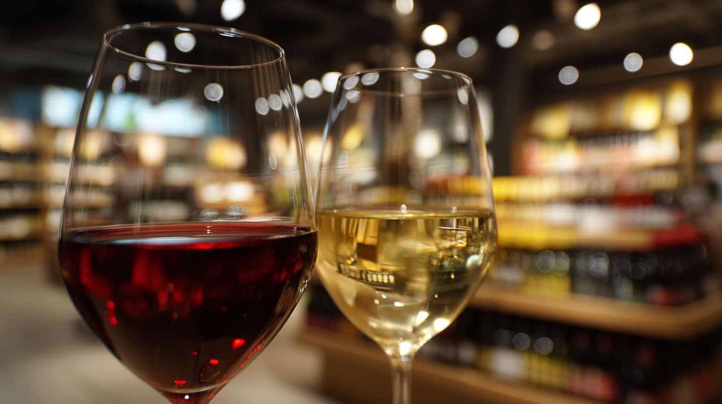 Ett glass rött och ett glas vitt vin framför Systembolaget butik