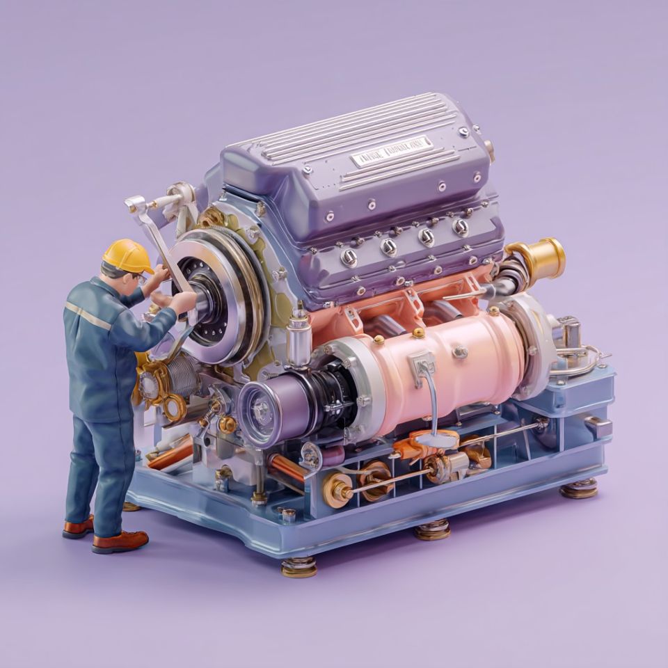 En mekaniker finjusterar en stor motor