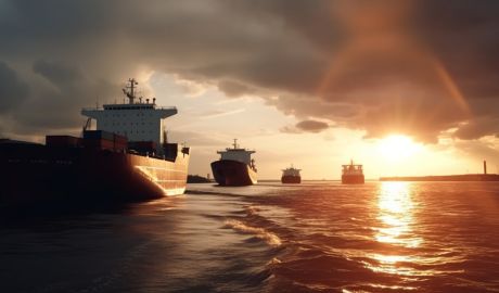 Ett stort fraktskepp i solnedgång