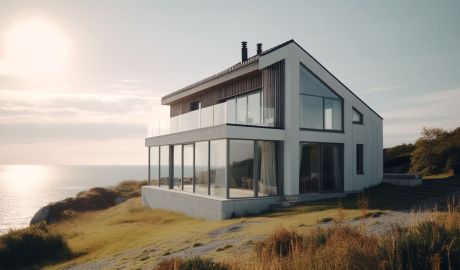 ett hus med stora fönster på svenska västkusten