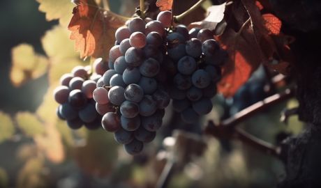 Röd vindruvoer hänger i en stor klase.