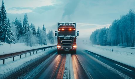 En lastbil med kylaggregat kör på vinter vägar i Sverige