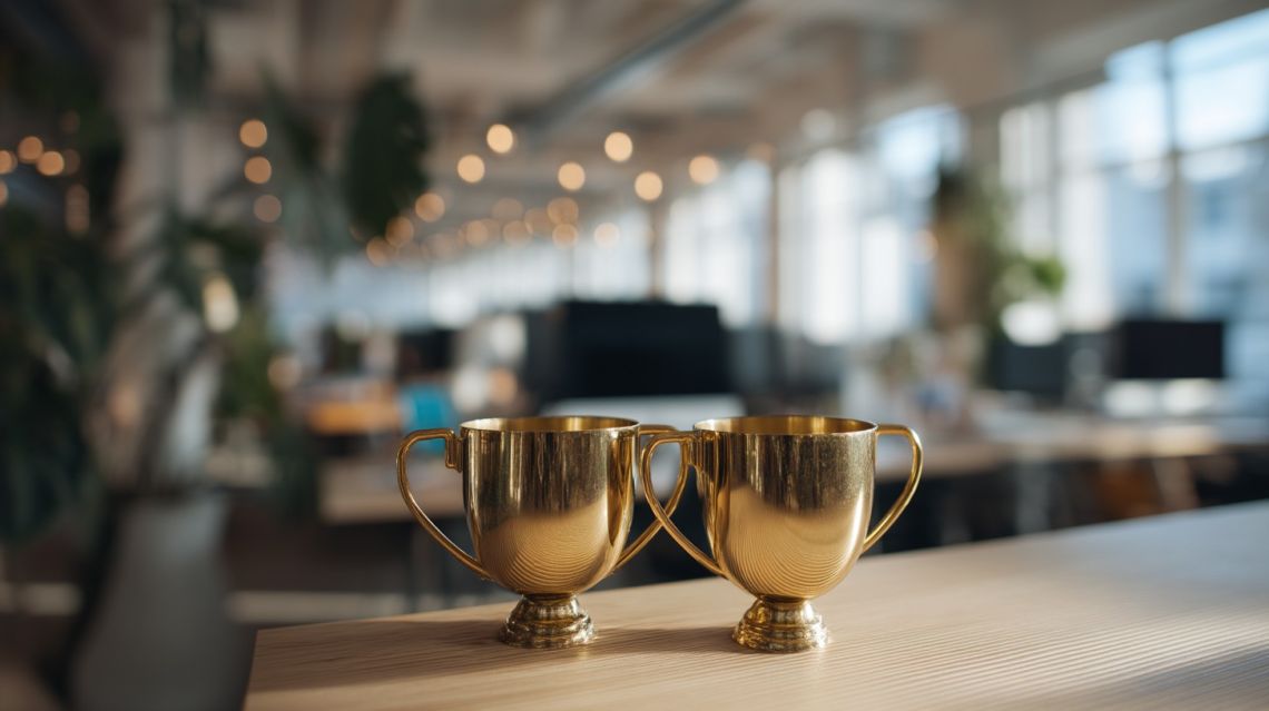 Två guldpokaler i en webbyrås lokaler