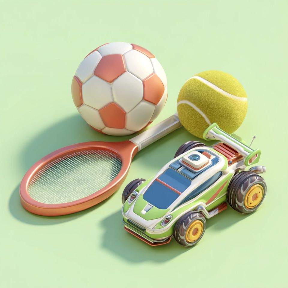 en fotboll, tennisracket och en radiostyrdbil