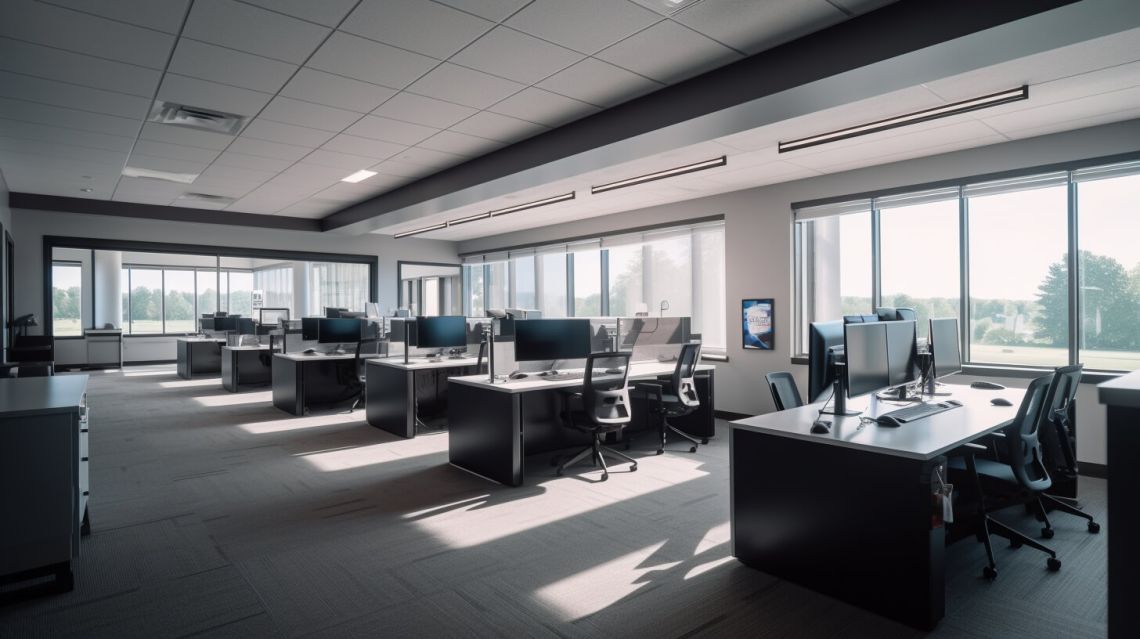 Ett modernt kontor med många skrivbord och stolar