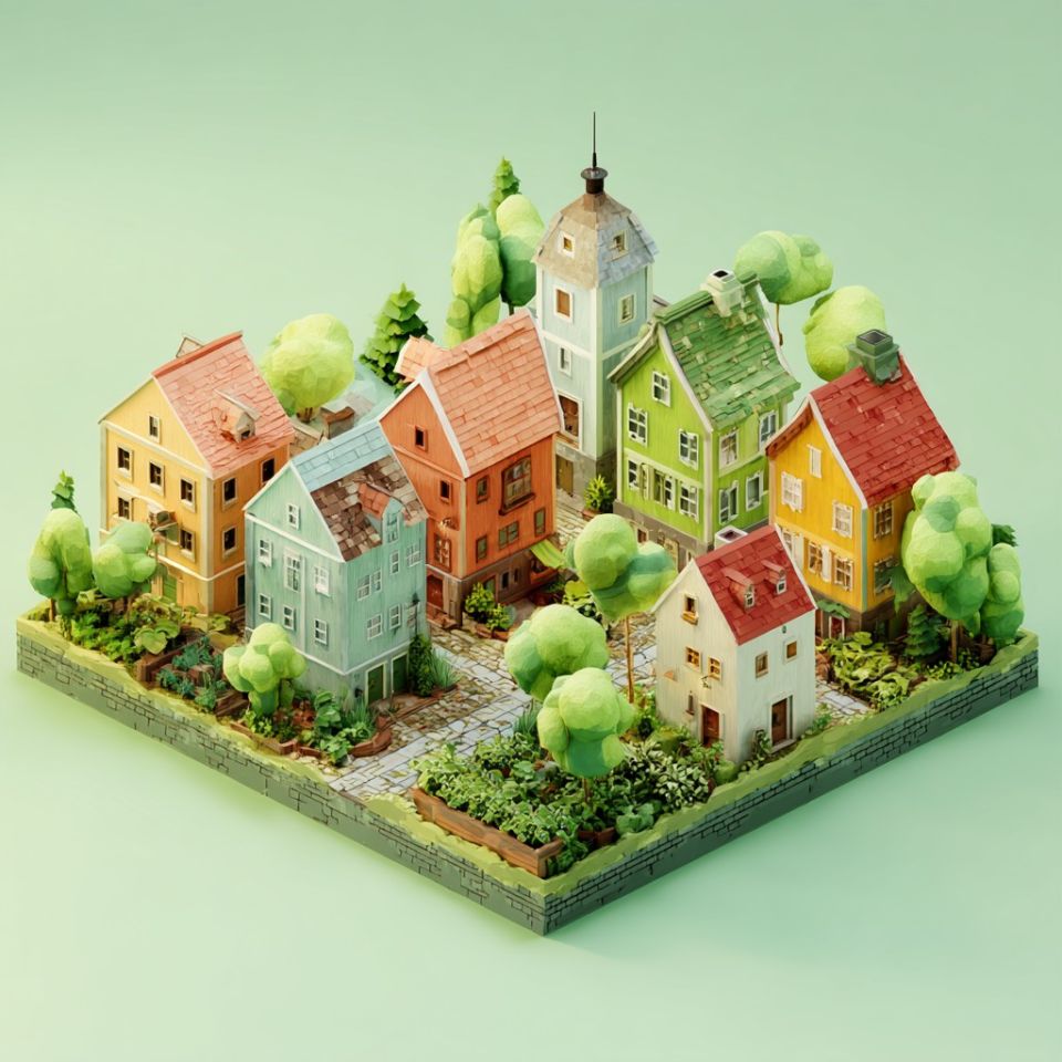 En liten del av stad med statligbyggnad i mitten