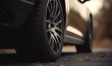En närbild på ett bakhjul på en bil