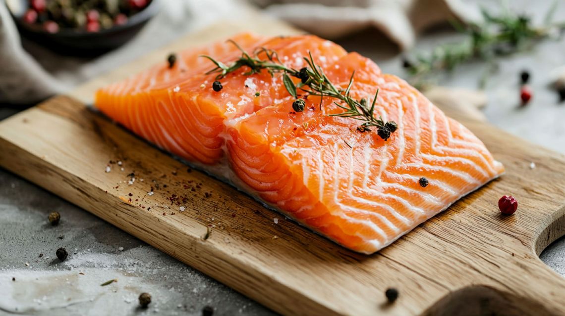 En fin laxbit på en skärbräda