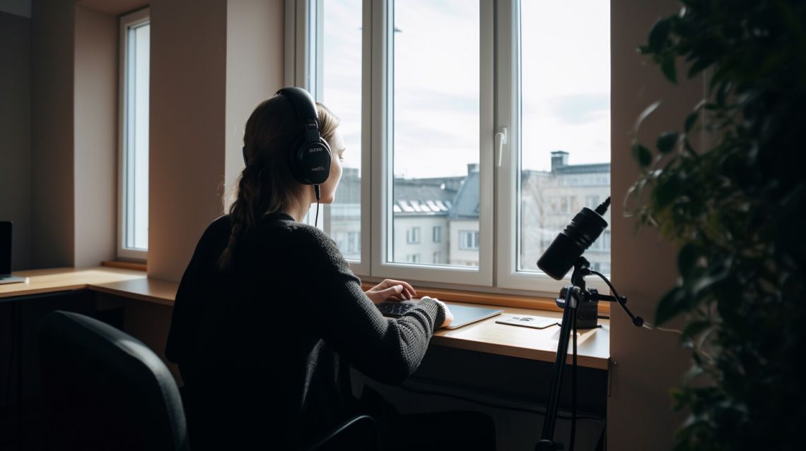 En kvinna spelar in podcast vid ett fönster i Göteborg