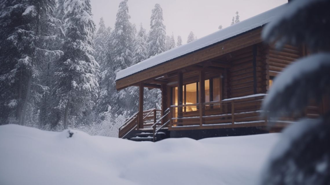 En mysig stuga i branäs med snö på taket