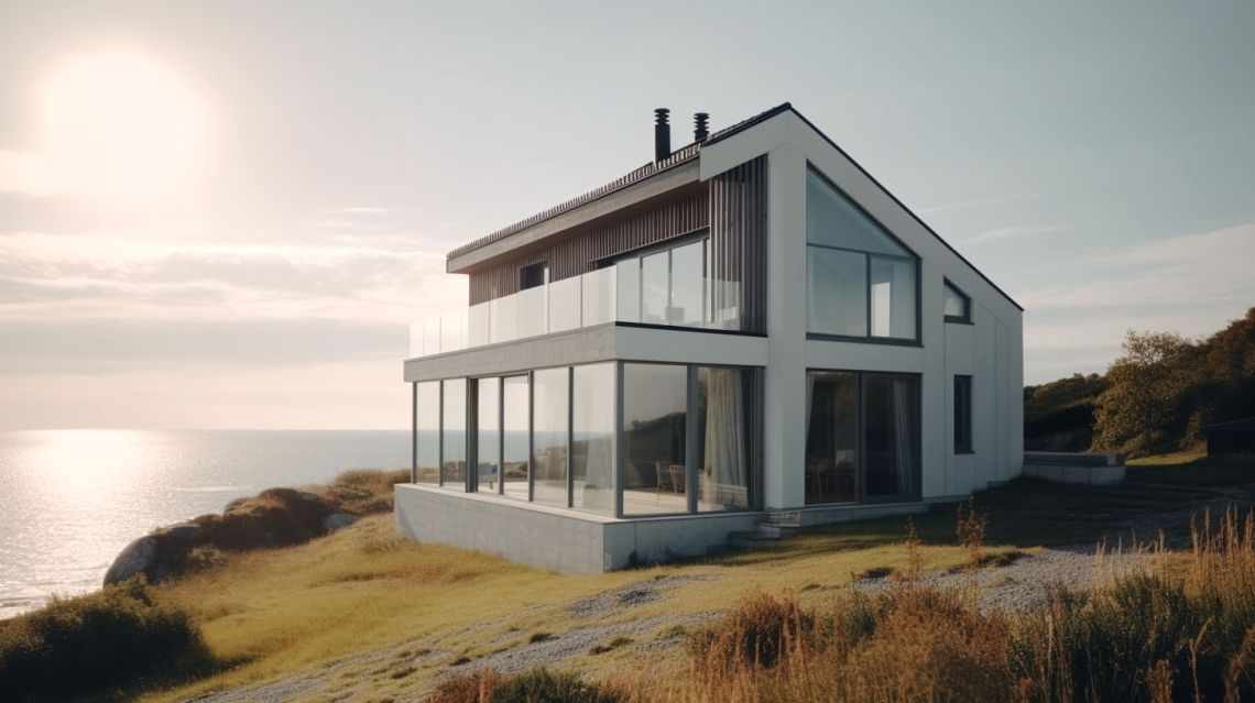 ett hus med stora fönster på svenska västkusten