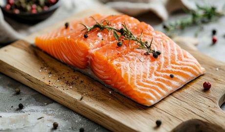 En fin laxbit på en skärbräda