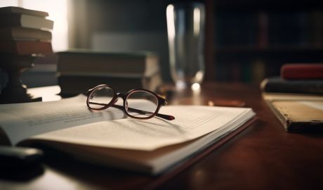 Glasögon ligger på en tjockt anteckningsblock