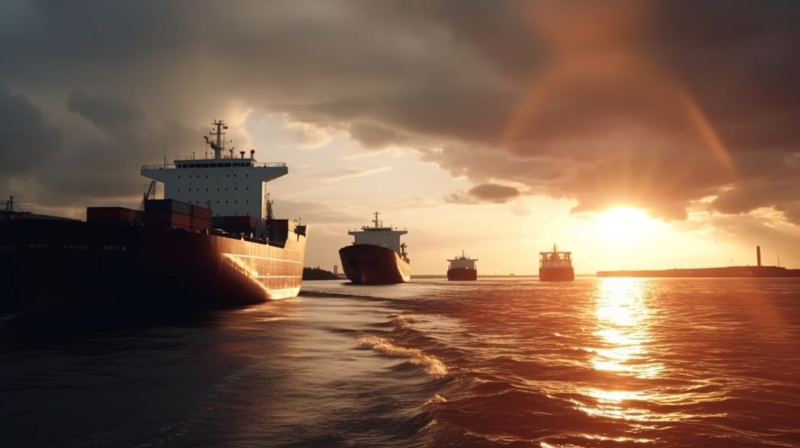 Ett stort fraktskepp i solnedgång