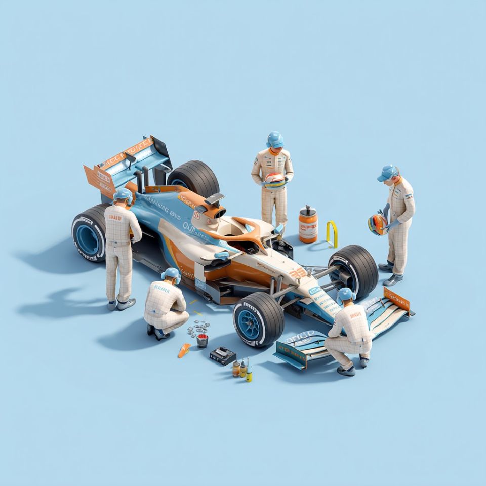 mekaniker finjusterar och optimerar en F1 racingbil