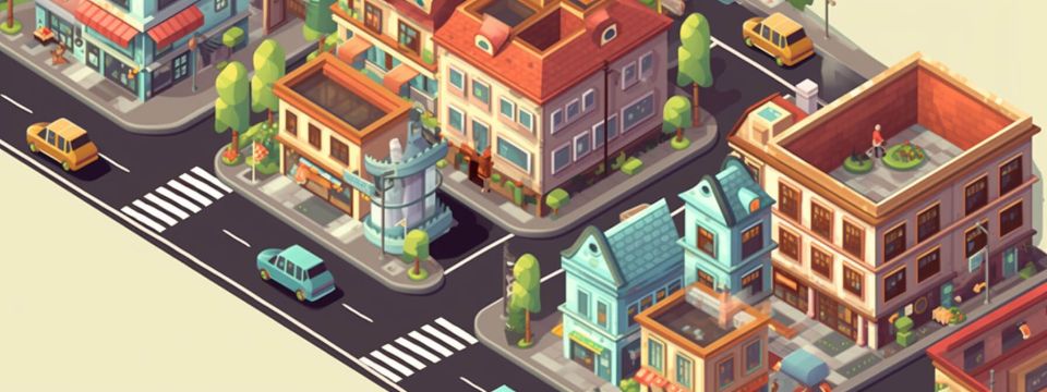 En bild på en mysig liten stad med gator och bilar