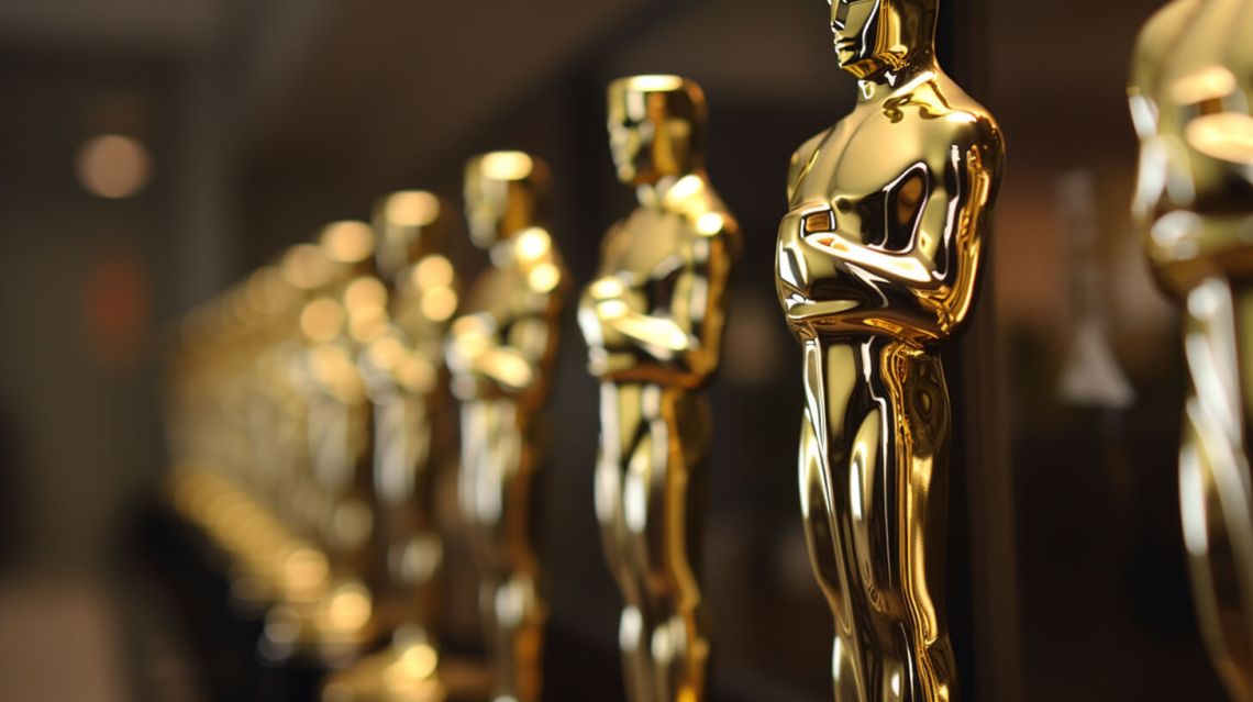 En rad med statuetter inför en prisutdelning