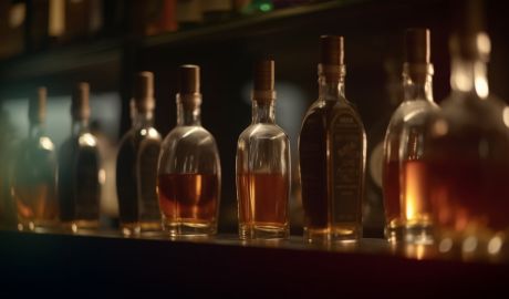 En rad med spritflaskor i en bar