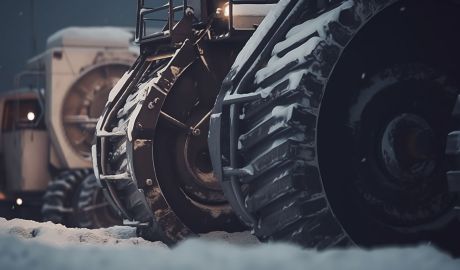 Tunga gruvmaskiner står parkerade i snön