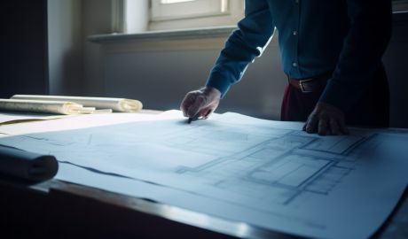 Arikitekt står vid en ritning och pekar
