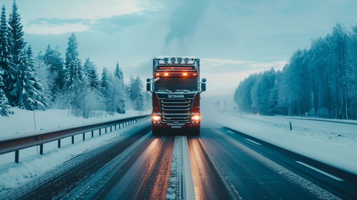 En lastbil med kylaggregat kör på vinter vägar i Sverige