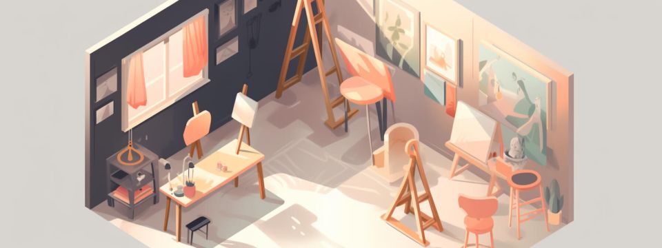 En konststudio med stafli och penslar