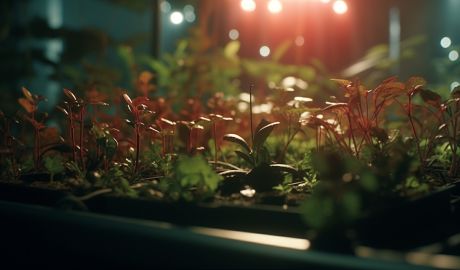 Små växter växer under konstgjort ljus
