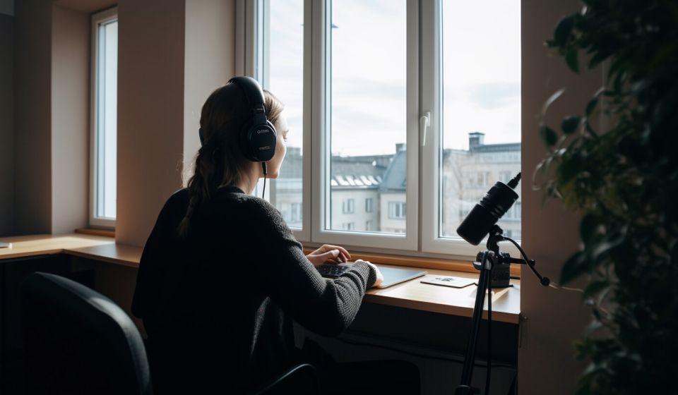En kvinna spelar in podcast vid ett fönster i Göteborg