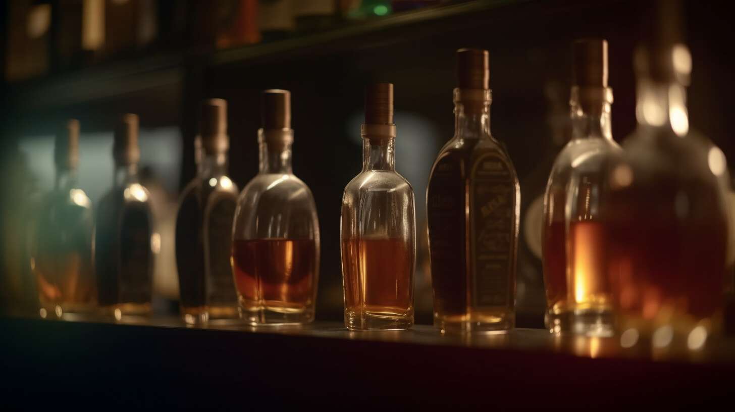 En rad med spritflaskor i en bar