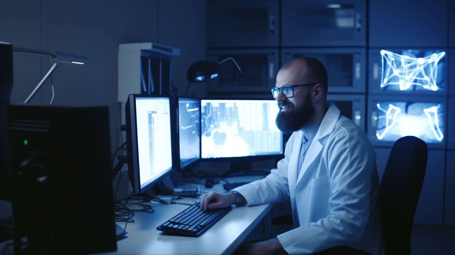 en tandläkare vid datorskärmar