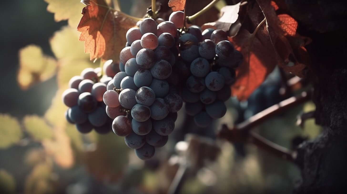 Röd vindruvoer hänger i en stor klase.