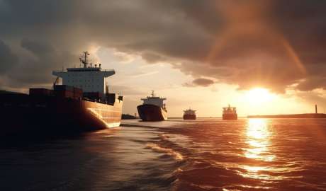Ett stort fraktskepp i solnedgång