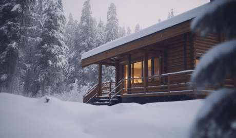 En mysig stuga i branäs med snö på taket
