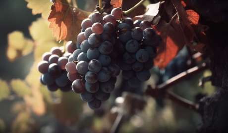 Röd vindruvoer hänger i en stor klase.