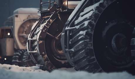 Tunga gruvmaskiner står parkerade i snön