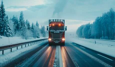 En lastbil med kylaggregat kör på vinter vägar i Sverige