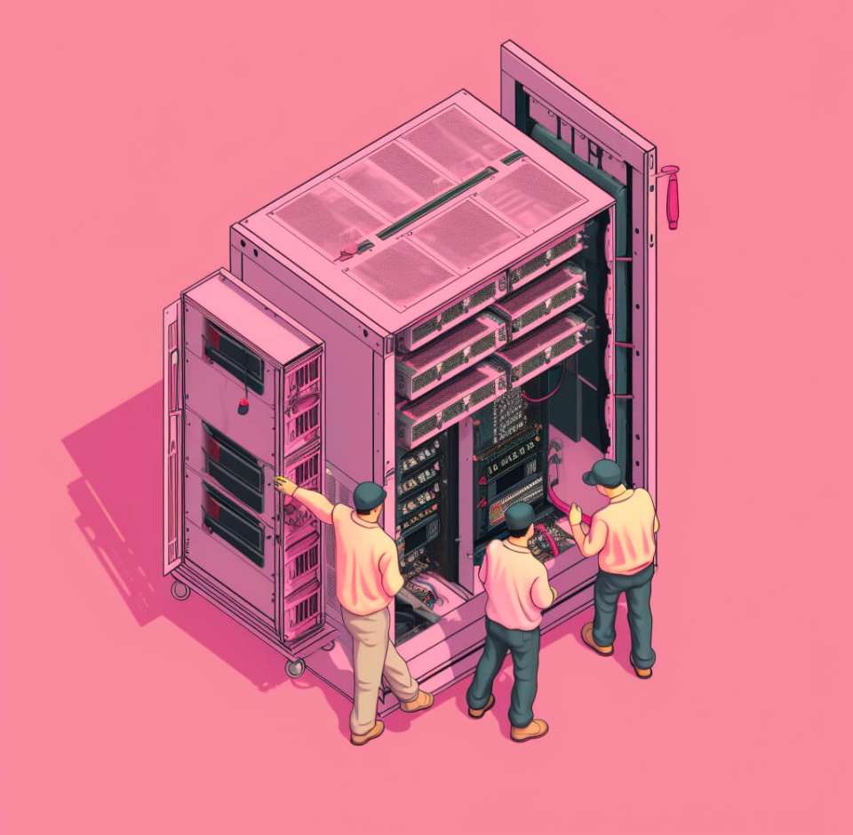 Datatekniker står och reparerar en stor server